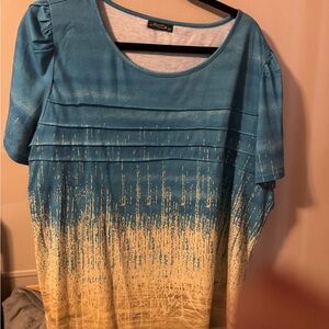 Reef Blue to Cream Ombre Pintuck Short Sleeve Top